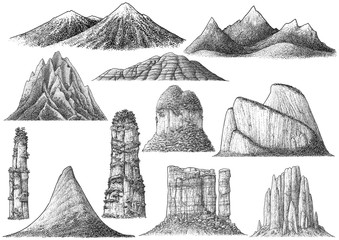 Collection of mountains illustration, drawing, engraving, ink, line art, vector