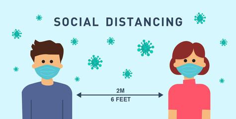 man and woman character with medical mask maintain social distancing to prevent from virus spreading, vector illustration