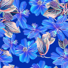 Daffodile flowers with leaves seamless pattern.