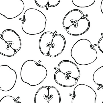 Seamless pattern with apple hand drawn fruits elements. Vegetarian wallpaper. For design packaging, textile, background, design postcards and posters.