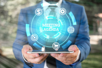 Word writing text Meeting Agenda. Business photo showcasing items that participants hope to...
