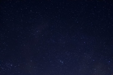 Long exposure night photo of a bright stars. A lot of stars with constellations. Far from the city. Night landscape.
