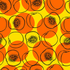 Seamless pattern with peach hand drawn fruits elements. Vegetarian wallpaper. For design packaging, textile, background, design postcards and posters.