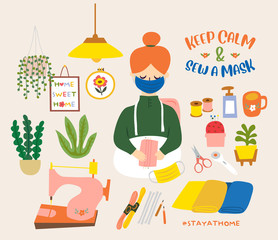 Keep Calm and Sew A Mask Vector illustration.