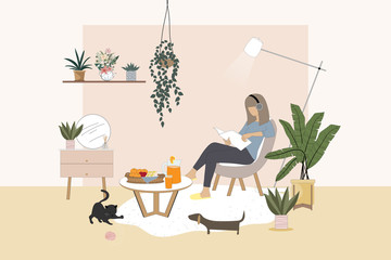 Vector Illustration of woman sitting on comfy chair and reading book with cat and dog, Living room interior and cartoon character, flat design. Stay home on Quarantine during the Coronavirus Epidemic