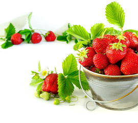 Juicy ripe tasty strawberries in  metal bucket on white wooden table.