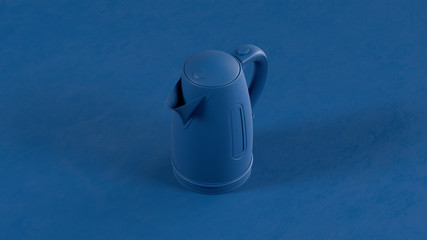 3d render of the blue kettle on a blue background. Kitchen appliances in single monochrome colors.
