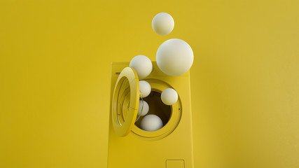 3d render of the yellow washing machine with white spheres on yellow background. Kitchen appliances in single monochrome colors.