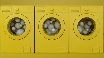 3d render of the three yellow washing machines with white spheres on yellow background. Kitchen appliances in single monochrome colors.