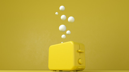 3d render of the yellow toaster with white spheres on yellow background. Kitchen appliances in single monochrome colors.