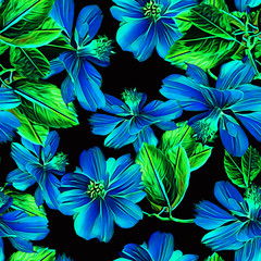 Daffodile flowers with leaves seamless pattern.