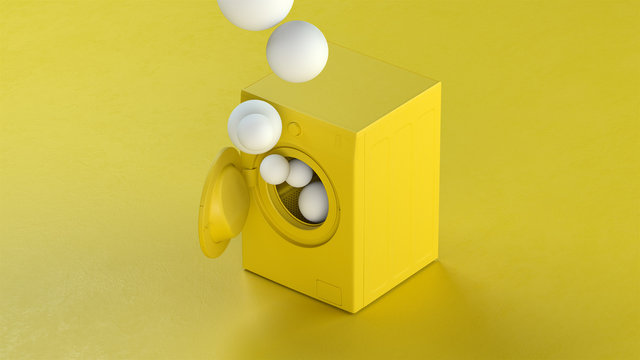 3d render of the yellow washing machine with white spheres on yellow background. Kitchen appliances in single monochrome colors.