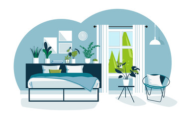 Bedroom interior concept with furniture. Double bed with pillows, blanket and plants decoration. Big window, wicker rattan chair, ceiling lamp, wall clock, coffee table, books. Vector illustration.