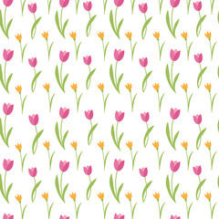 Pink tulips and yellow daffodils Seamless Vector pattern on white background