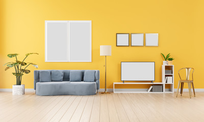 3D Yellow Living Room Interior Minimal Style with Blank window picture and television.