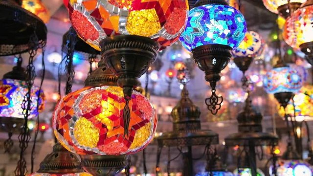 Variety of colorful turkey glass lamps for sale in Istanbul, Turkey.