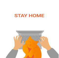 Working from home or remotely: hands typing on laptop and red cat. Digital drawing can be used in greeting cards, posters, flyers, banners, logos, web design, etc. Flat vector illustration. EPS10