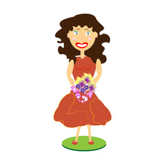 Cute brunette girl with flower bouquete. vector illustration.