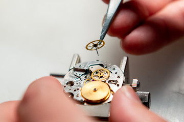 分解した時計の内部を修理するシーン　オーバーホール