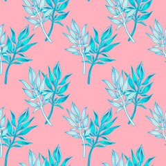Floral seamless pattern with abstract blue leaves. Hand drawn style watercolour. Spring illustration on pink background.