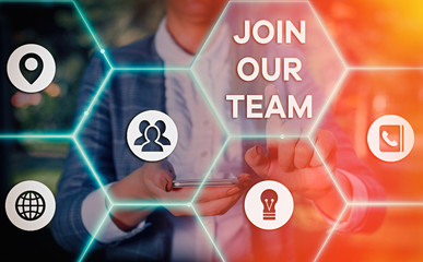 Word writing text Join Our Team. Business photo showcasing inviting someone to join in your local...