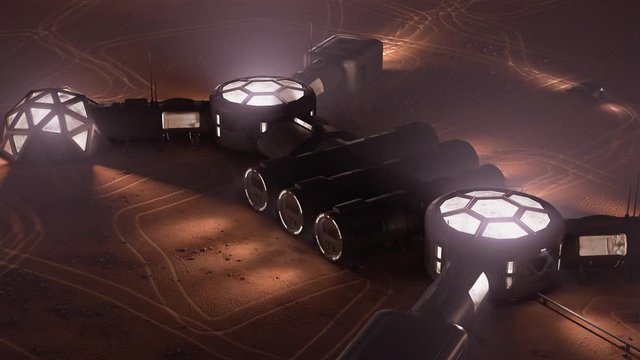 A depiction of a base on a hostile and barren planet. The small colony is equipped with two rovers for astronauts to use for exploration of the surface. 4k animation