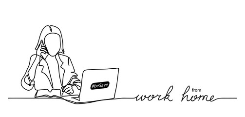 Woman,girl with laptop,computer, notebook simple vector web banner,background, poster. Work from home lettering.