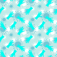 Medical Abstract seamless pattern with Coronavirus bacteria icons and gloves. Protection against coronavirus. Hand drawn sketch style. Danger. Colourful vector illustration on turquoise background