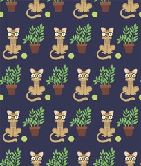  a cat in glasses, a ball and a plant in a pot on a dark background pattern 