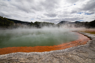 Wai-O-Tapu or Waiotapu Maori for sacred water is geothermal area in northern island of new Zealand between rotorua and taupo view of the Champagne pool