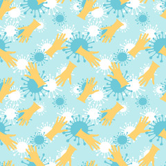 Medical Abstract seamless pattern with Coronavirus bacteria icons and gloves. Protection against coronavirus. Hand drawn sketch style. Danger. Colourful vector illustration on turquoise background
