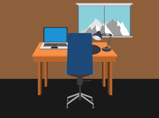 Illustration containing a wheelchair, a portable computer over a wooden table and next to a desk lamp. A window with mountains and a blue sky. Concept for working ar home.