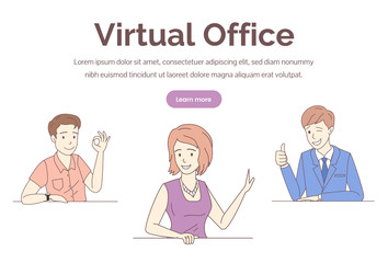 Virtual office web banner vector template. Training, distant work, freelance web page design.