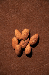 almound seeds on wooden spoon on brown black and white background