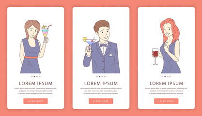 Cocktail party mobile app screens. Bar or restaurant website template.