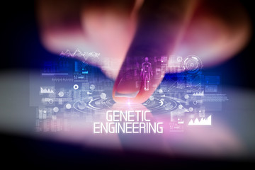 Finger touching tablet with web technology icons and GENETIC ENGINEERING inscription
