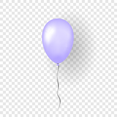 Purple balloon 3D, thread, isolated white transparent background. Color glossy flying baloon, ribbon, birthday celebrate, surprise. Helium ballon gift. Realistic design happy bday Vector illustration
