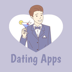 Dating apps poster template. Man holding glass of cocktail vector cartoon outline illustration.