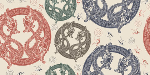 Two Dragons in celtic style. Seamless pattern. Packing old paper, scrapbooking style. Vintage background. Medieval manuscript, engraving art. Meditation, philosophy, harmony symbol