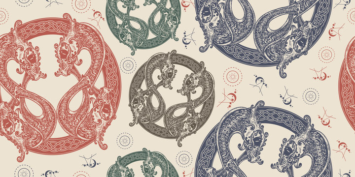 Two Dragons in celtic style. Seamless pattern. Packing old paper, scrapbooking style. Vintage background. Medieval manuscript, engraving art. Meditation, philosophy, harmony symbol