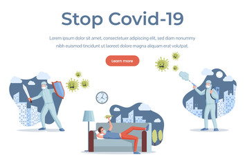 Stop Covid-19 landing page template. Coronavirus vector flat illustration. Quarantine web banner concept.