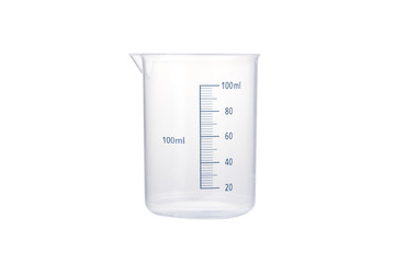 Plastic measure jug isolated on white. Capacity one hundred milliliters.