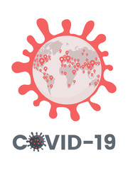 Epidemic of Covid-19 spread all over the world flat illustration. Dangerous cell of coronavirus, global pandemic of pathogen respiratory influenza.