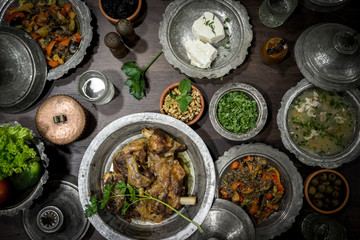 Traditional served Iftar in Ramadan on table for gathering family