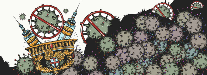 Stop coronavirus banner. Holy grail, crossed syringes and viruses. Vaccine development, combating the pandemic. COVID-19 (2019-nCoV) art. Protection of immune system. Medical background
