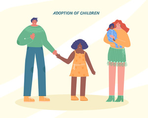 The concept of adoption of children. Big international happy family. Vector illustration.