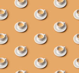 Coffee pattern with white espresso cup on beige. Pop art minimal flat lay creative composition