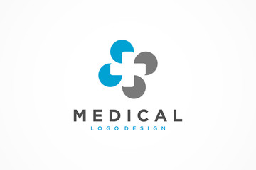 Healthcare Medical Logo. Blue and Grey Abstract Flower Symbol with Negative Space Cross Sign inside. Flat Vector Logo Design Template Element.