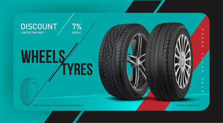 Tire shop discount coupon. Voucher ticket card. Voucher on tire auto service repair and maintenance, swapping wheel replacement. Realistic Tyre vector.
Creative sale layout.