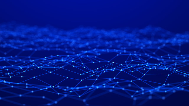 Digital background. Abstract wave with connected dots and lines on dark background. Network connection structure. 3D rendering © Ihor